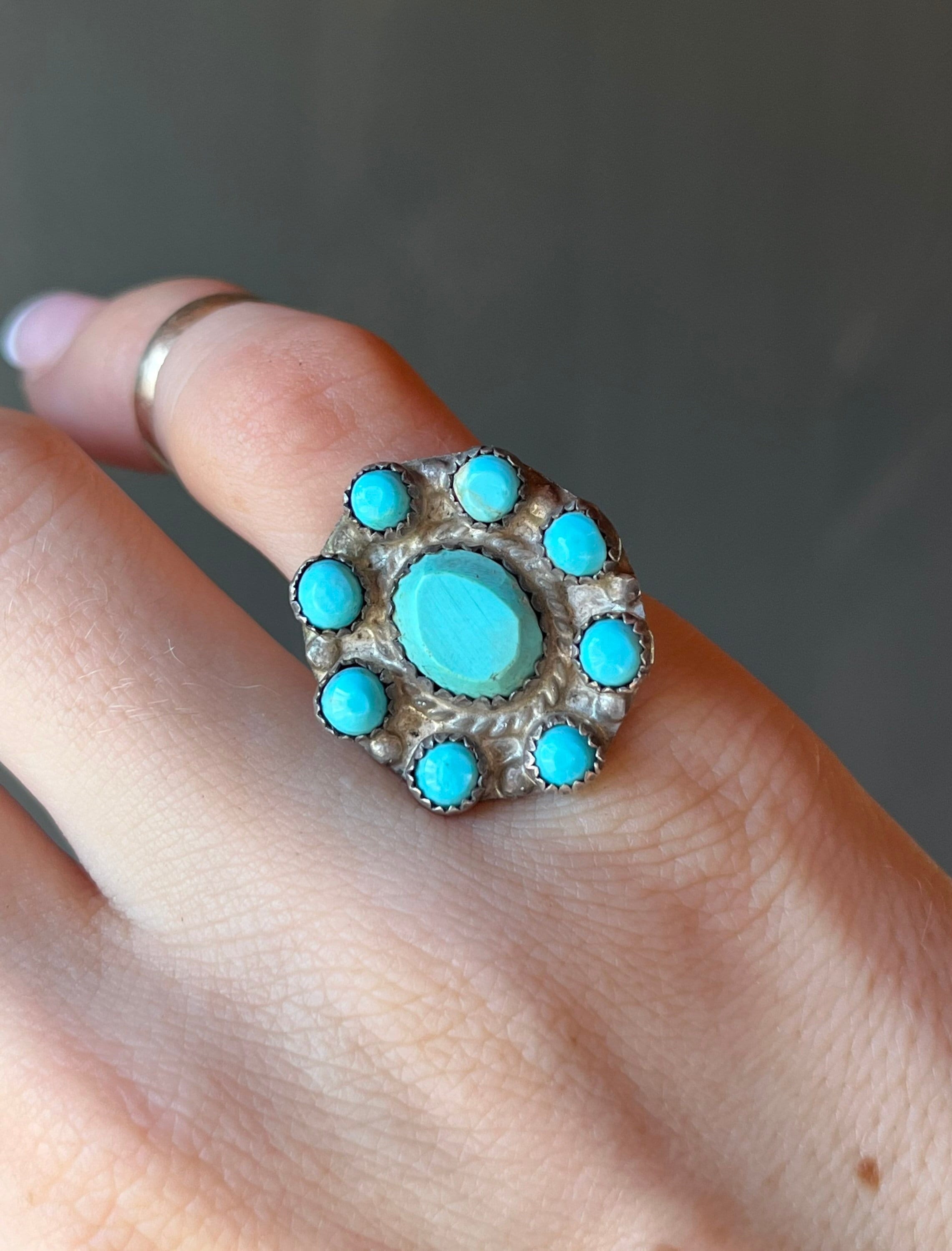 Sz 5 ~ Vintage Native American Sterling Silver & Turquoise Cluster