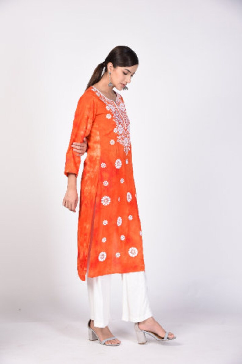 Floral Chikankari Dress Long Kurta Hand Embroidered Chikan Kurti For Women Best Gift For Her 100/% Cotton Chikan Embroidery Kurti