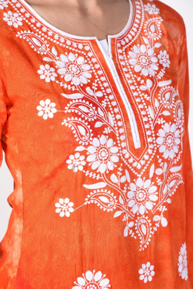 Floral Chikankari Dress Long Kurta Hand Embroidered Chikan Kurti For Women Best Gift For Her 100/% Cotton Chikan Embroidery Kurti