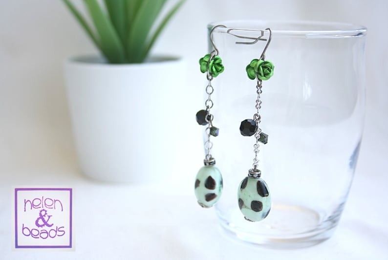 Green black lampwork glass crystal beaded floral earrings