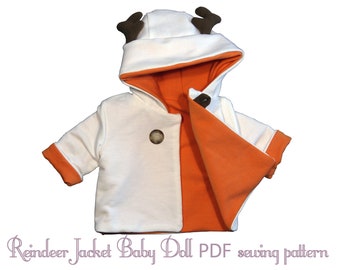 Little Reindeer Jacket, Baby Doll Bonnet and Mini Canvas Bag, PDF sewing pattern, baby doll 44cm (17 1/3"), downloadable