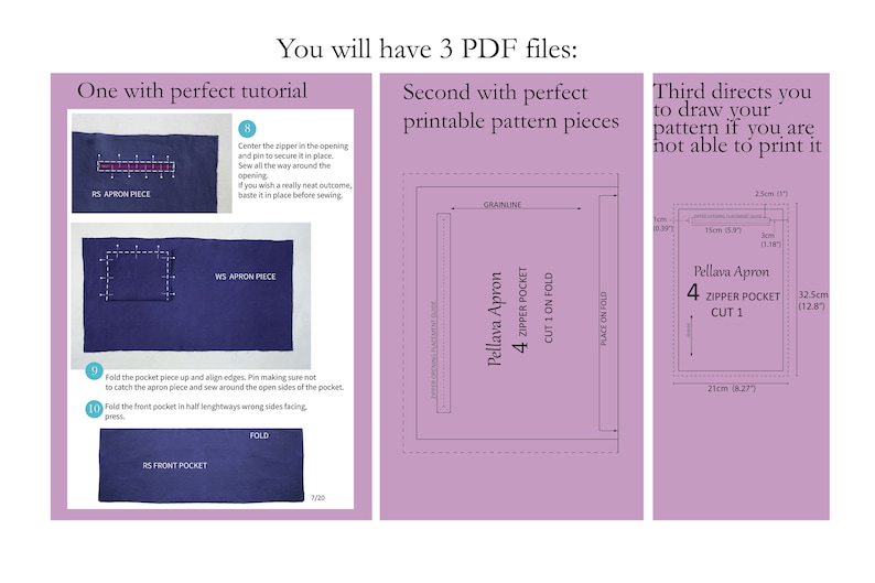 May include: Image showing instructions for a sewing project. Includes diagrams of fabric pieces, a pocket, and a zipper. Text includes measurements in inches and instructions for cutting and sewing.