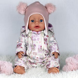 Snöoverall, rävöronmössa, pompom-hatt med öron och tossor. PDF-sömnadsmönster, babydocka 43 cm (17 tum), nedladdningsbart