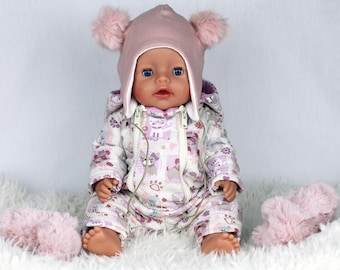 Snowsuit, Fox Ear Beanie, Pom Pom Earflat Hat, and Booties.  PDF sewing pattern, baby doll 43cm (17&quot;), downloadable
