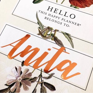 May include: A planner page with floral illustrations and the name "Anita" in orange script. The top section reads "HELLO THIS HAPPY PLANNER BELONGS TO:" in black text. The design includes botanical elements.