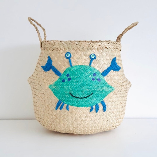 Large green and blue crab seagrass belly basket for kids toy storage