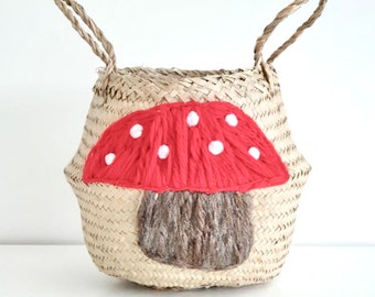 Small toadstool seagrass belly basket - hand embroidered with the softest wool and pom poms