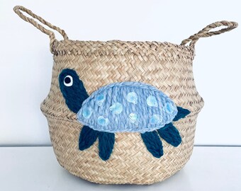 Large sea turtle belly basket in Blue for kids toy storage nursery or bedroom by Bellybambino