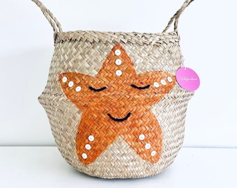 Large orange starfish seagrass belly basket for kids toy storage