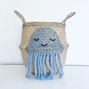 Large blue jellyfish seagrass belly basket for kids toy storage by Bellybambino