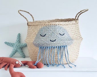 Extra Large blue jellyfish seagrass belly basket for kids toy storage