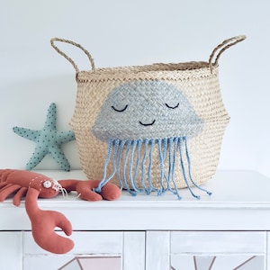 Extra Large blue jellyfish seagrass belly basket for kids toy storage