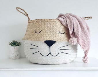 Extra Large white bottom cat belly basket, two tone storage basket for nursery or bedroom