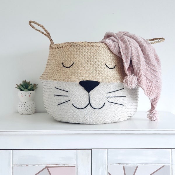 Extra Large white bottom cat belly basket, two tone storage basket for nursery or bedroom