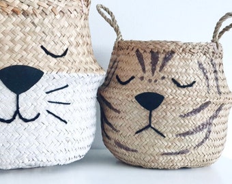 Small natural tiger belly basket - toy storage basket for kids safari theme bedroom