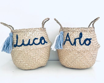 Large - Personalised blue name basket toy storage box handmade letter basket with tassels by Bellybambino