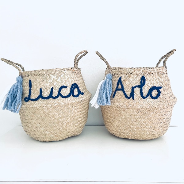 Large - Personalised blue name basket toy storage box handmade letter basket with tassels by Bellybambino
