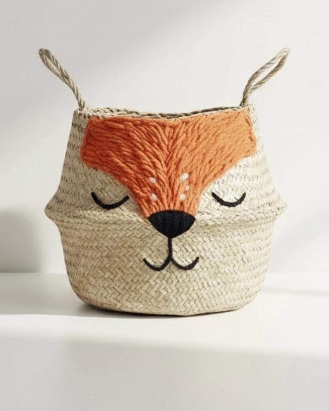 置物 handmade Fox Toy Storage Basket With Hand Embroidered Face - Cottagecore