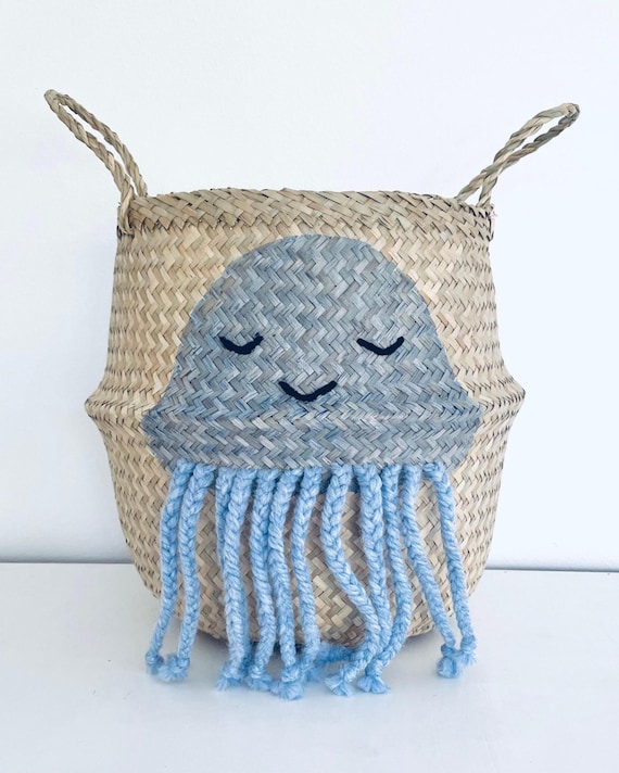 Blue Jellyfish Toy Basket for Nursery Organisation, Ocean Theme Storage Bin (fits IKEA Kallax)
