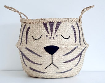 Extra large natural tiger belly basket storage wicker laundry holder face animal cute gift quirky kids bedroom nursery