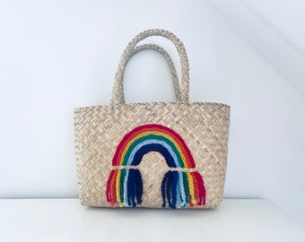 Vivid rainbow shopping tote beach bag handmade from seagrass embroidered accessory by Bellybambino