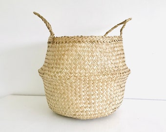 Large natural handwoven seagrass belly basket