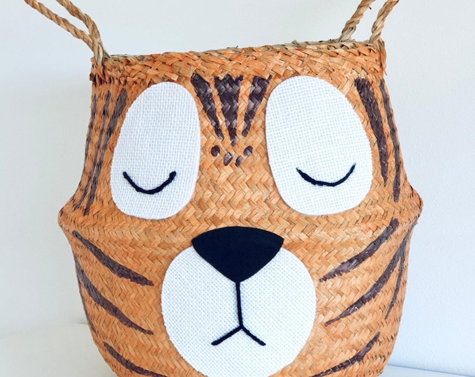 Orange Tiger Toy Storage Basket, Seagrass Animal Safari Nursery Playroom Organiser (Fits IKEA Kallax)