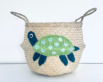 Large sea turtle belly basket in Green for kids toy storage nursery or bedroom by Bellybambino