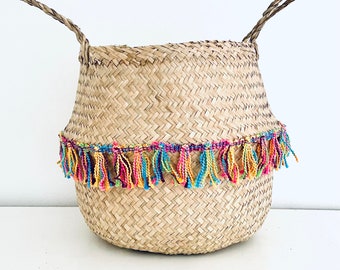 Large rainbow tassel belly basket storage basket kids room nursery bedroom accessories by Bellybambino