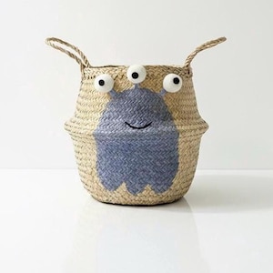 Blue Alien Hand-Embroidered Seagrass Toy Basket, Monster Nursery Storage Bin