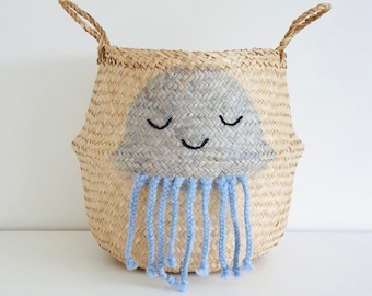 Large blue jellyfish seagrass belly basket for kids toy storage by Bellybambino