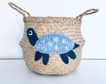 Large sea turtle belly basket in Blue for kids toy storage nursery or bedroom by Bellybambino