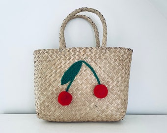 Cherry shopping tote beach bag handmade from seagrass embroidered accessory by Bellybambino