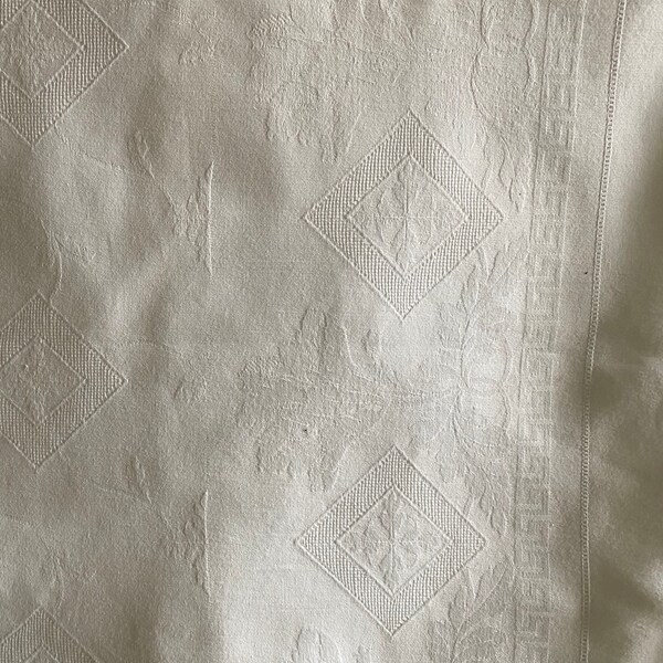 Vintage Linen Table Cloth - white damask