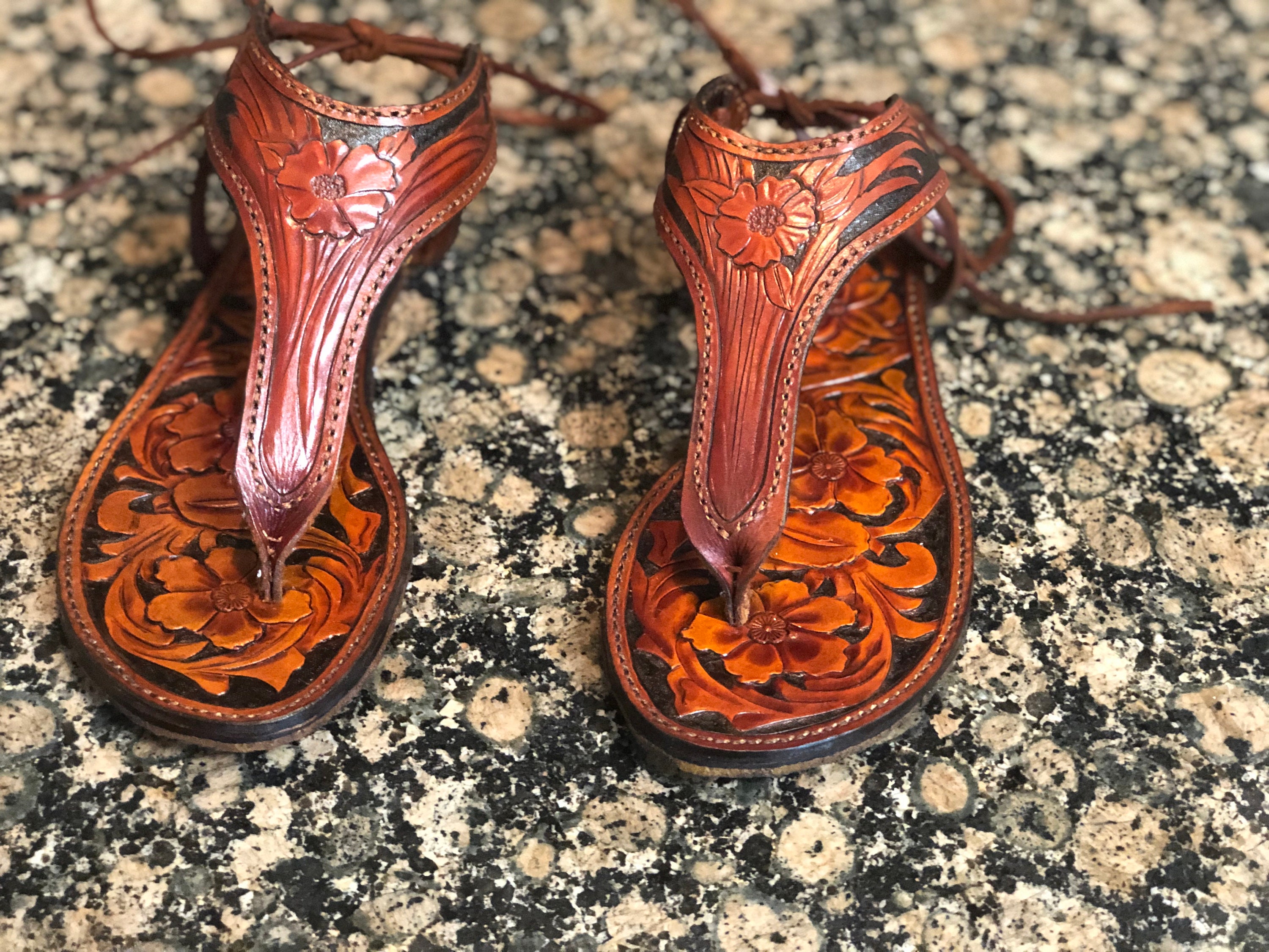 tooled leather flip flops