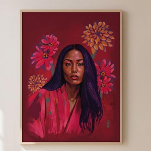 Cuadro estampado de mujer con flores rosas y amarillas, cuadro de obra única, impresión de alta calidad