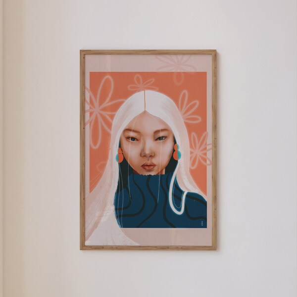 illustration visage femme asiatique, poster d'art orange moderne
