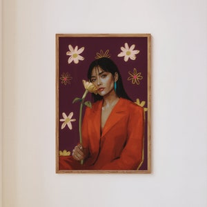 Impresión de pintura de mujer realista, pintura de mujer y flores, cartel morado y rojo, cartel de rostro de mujer, cartel de arte de pared