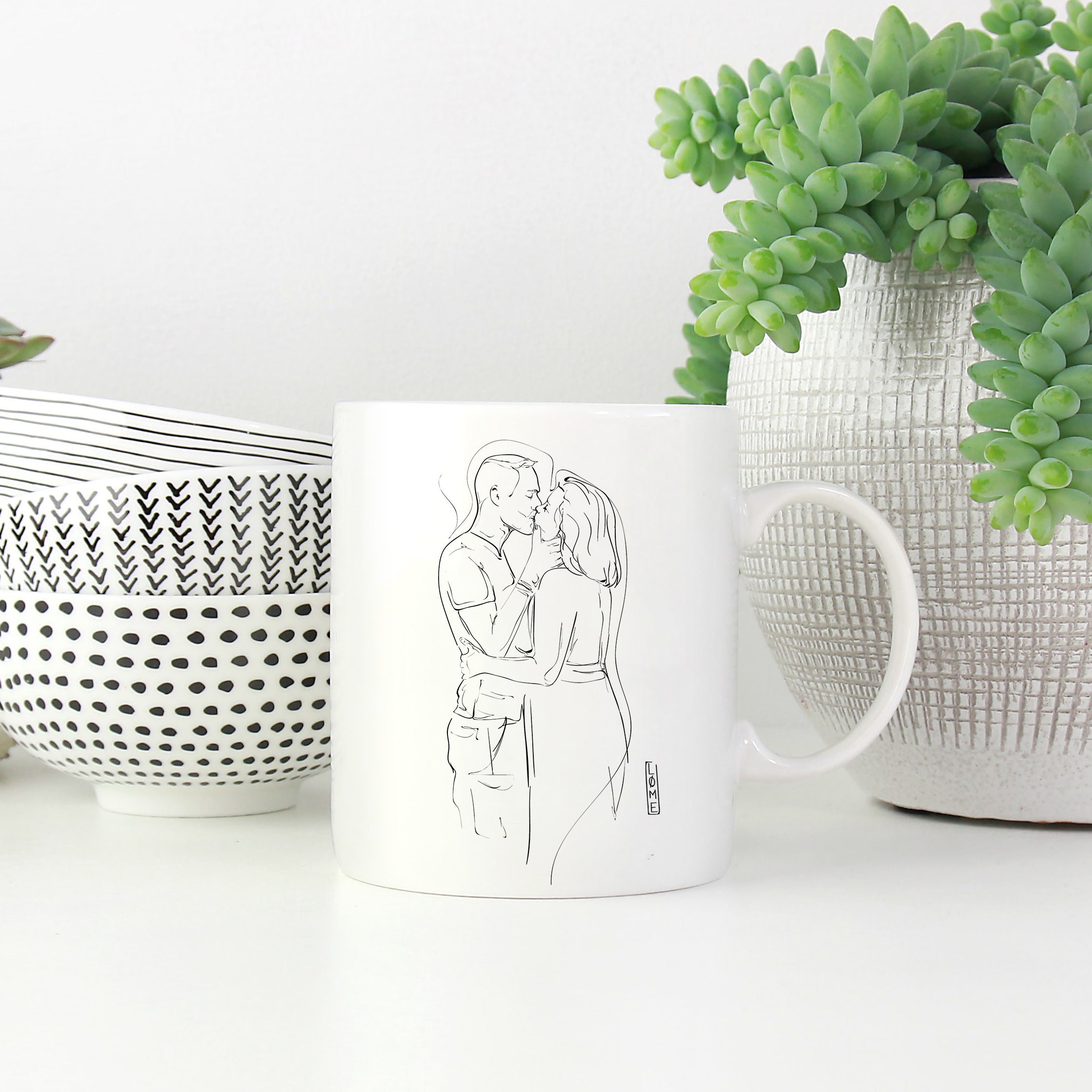 Portrait sur Mug Famille, Couple, Enfant, Personnalisé Traits Fins, Minimaliste et Élégant Idéal Cad