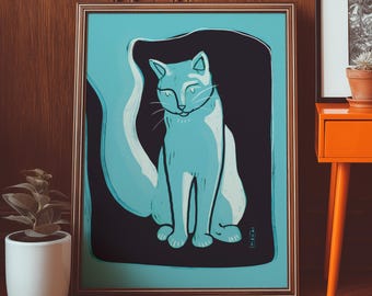 Illustration of a sitting blue cat, like a dream poster fine art