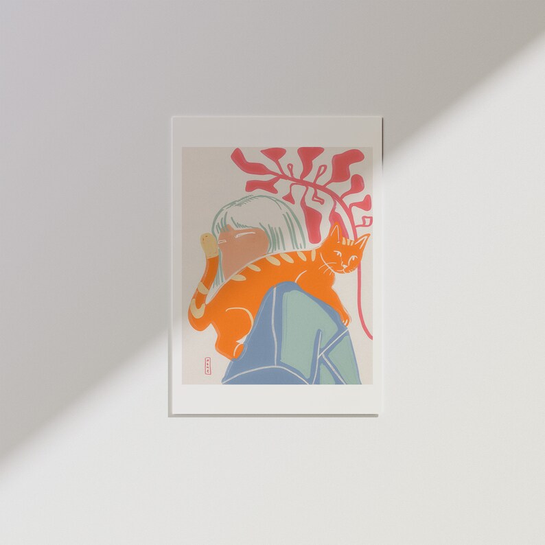 Print illustration no face and cat, poster wall art cat inspired of matisse image 1