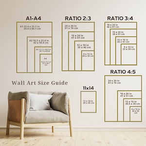 May include: Wall art size guide with dimensions in inches and centimeters. Includes A1-A4 sizes, ratios 2:3, 3:4, and 4:5, and an 11x14 inch option. The text "Wall Art Size Guide" is also visible.