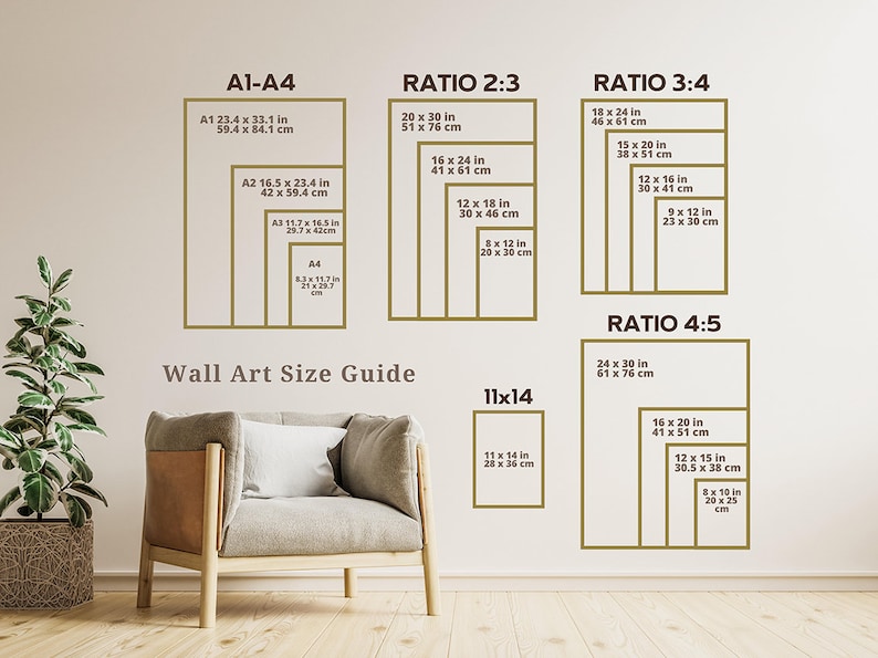 May include: Wall art size guide with dimensions in inches and centimeters. Includes A1-A4 sizes, ratios 2:3, 3:4, and 4:5, and an 11x14 inch option. The text "Wall Art Size Guide" is also visible.