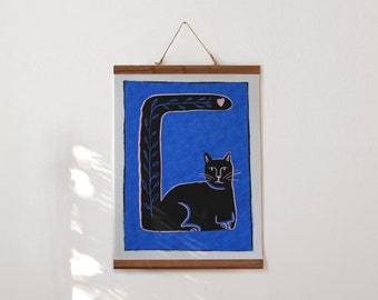De Blue Cat-illustratie, handgemaakte kleurrijke kattenschilderposter, a4-editie blauwe kattenposter