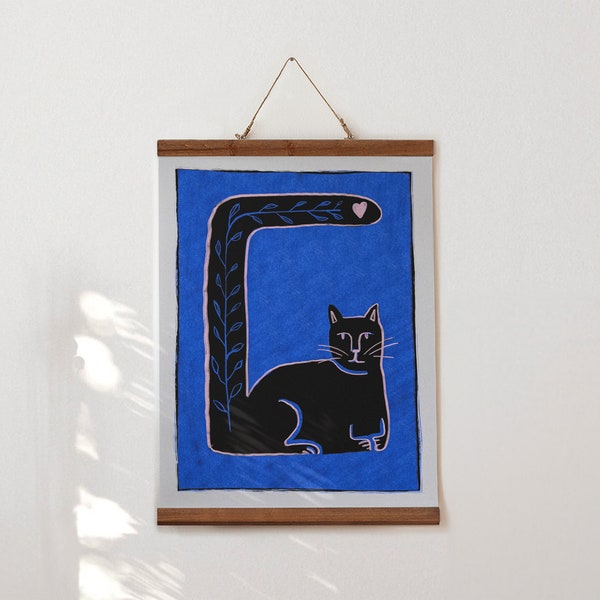 Le Chat Bleu illustration, affiche peinture fait main chat coloré, édition limitée à 100 exemplaires