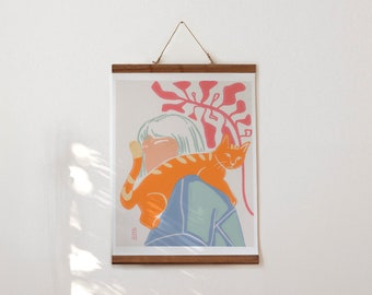 Print illustration no face and cat, poster wall art cat inspired of matisse