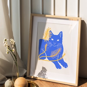 Cartel de gato azul inspirado en Matisse, Ilustración artística de gato negro, cartel de gato y flor