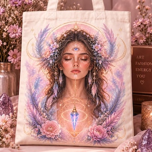May include: A cream-colored canvas tote bag featuring a printed illustration of a person with closed eyes, a third eye on their forehead, and a glowing crystal pendant. The design includes pink and purple flowers, feathers, and the text ART FASHION ENERGY YOU.