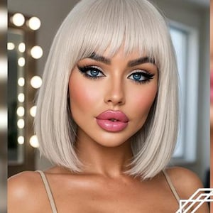Peluca estilo bob para mujer, increíblemente hermosa, en color gris claro escandinavo con flequillo, raya al medio, gris platino claro, a la moda.