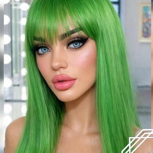 Extravagant Long Straight Wig in a Striking Toxic Green Color with Bangs, Drag Queen Wig, Cosplay Show Wig, Fairy Wig, Mermaid Wig, Kawaii